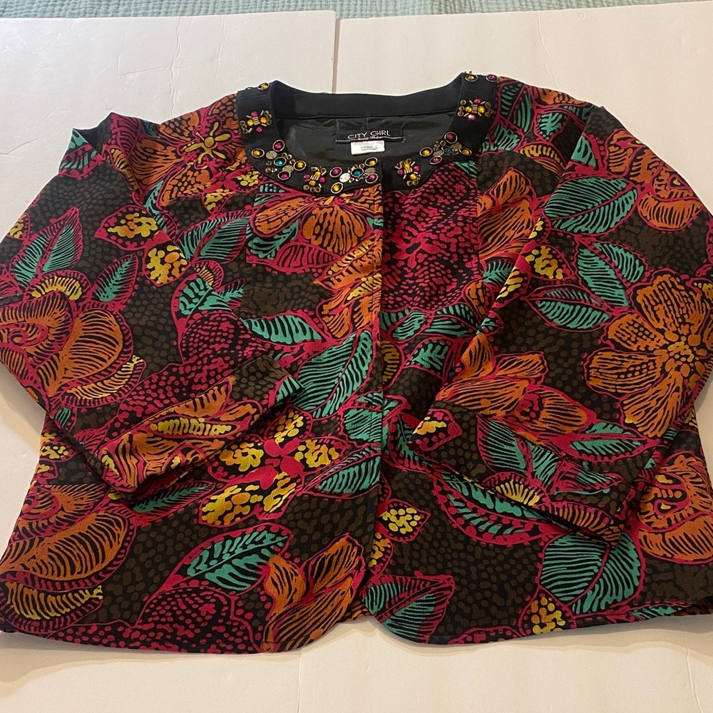 Vintage Nancy Bolen City Girl Vibrant Floral Jacket with Beaded Accents